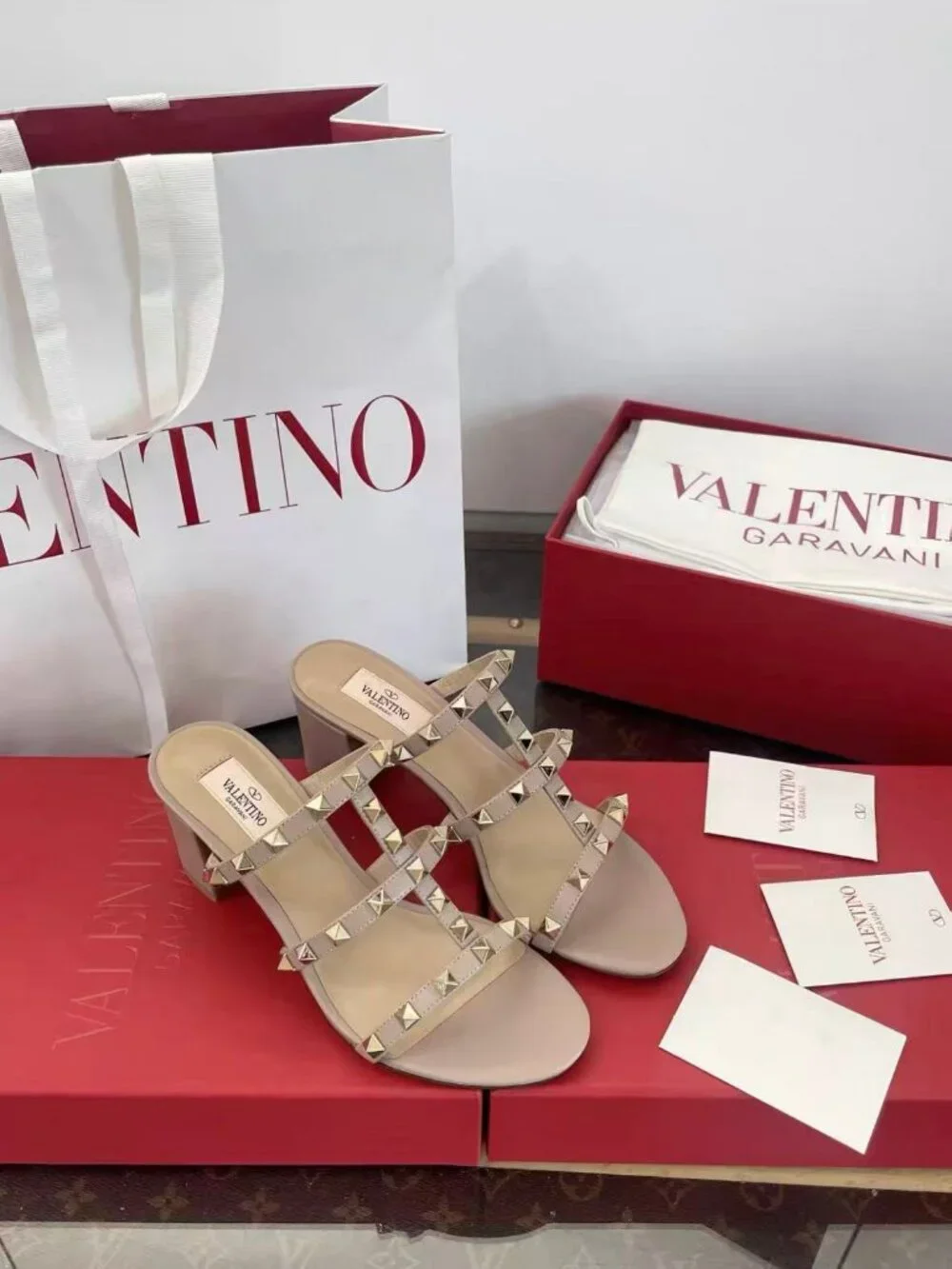 Valentino Rockstud Nude Leather Block‑Heel Slide Sandals